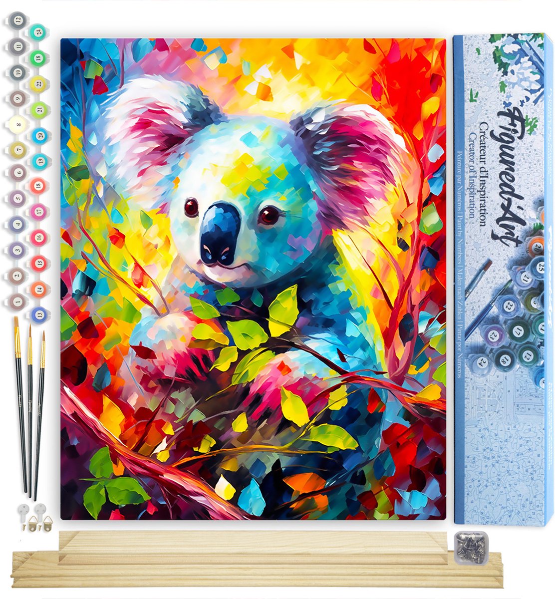 FiguredArt Schilderen op Nummer Volwassenen canvas Kleurrijke Abstracte Koala- Handwerk acrylverf Kit DIY Compleet - 40x50cm met DIY houten lijst